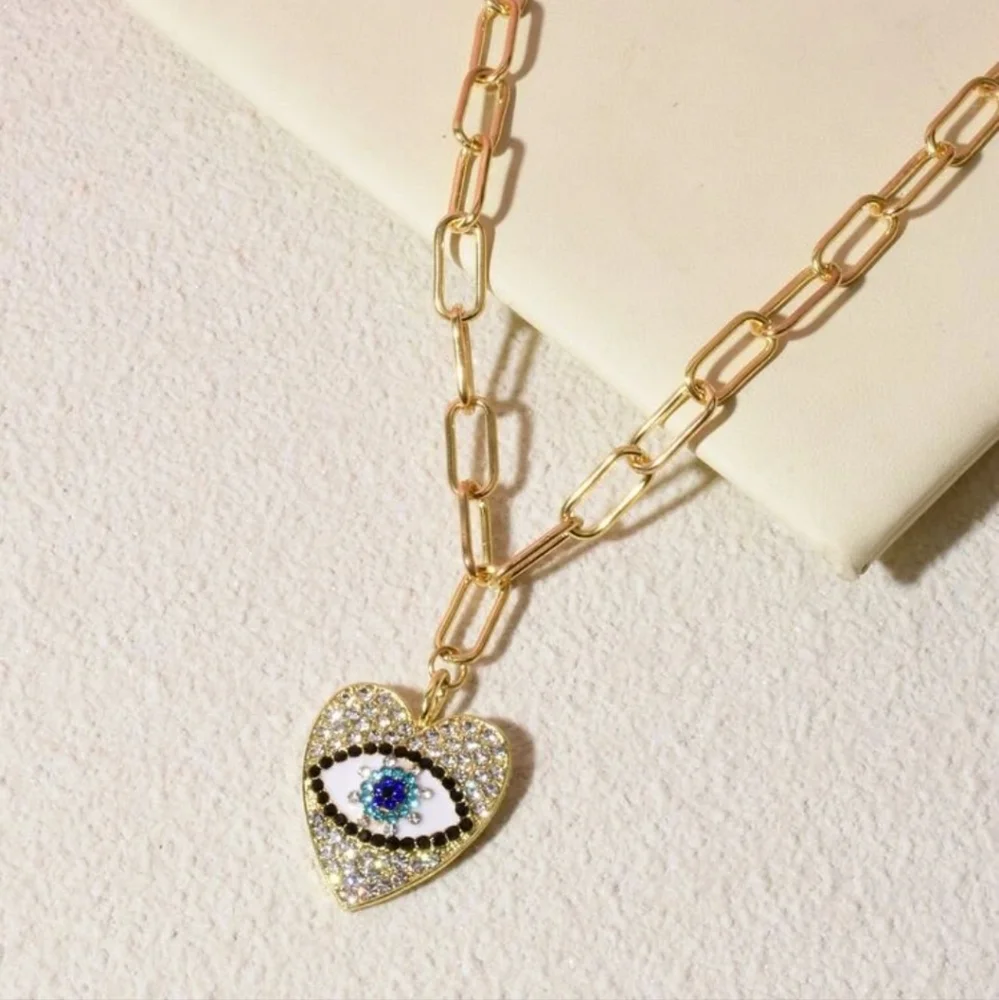 Gold rhinestone eye heart necklace‎ Boho Chic jewelry gift party festival pretty - Picture 2 of 3